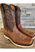 Load image into Gallery viewer, Cactus Country Men’s Brown and Dark Brown Square Toe Work Boots