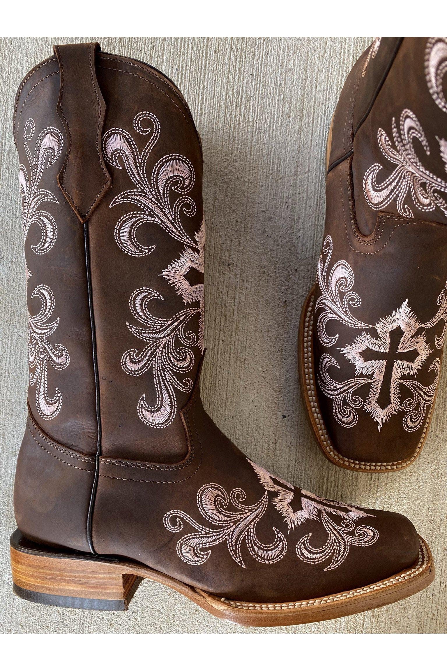 Cactus Country Women's Pink Cross Inlay Boots