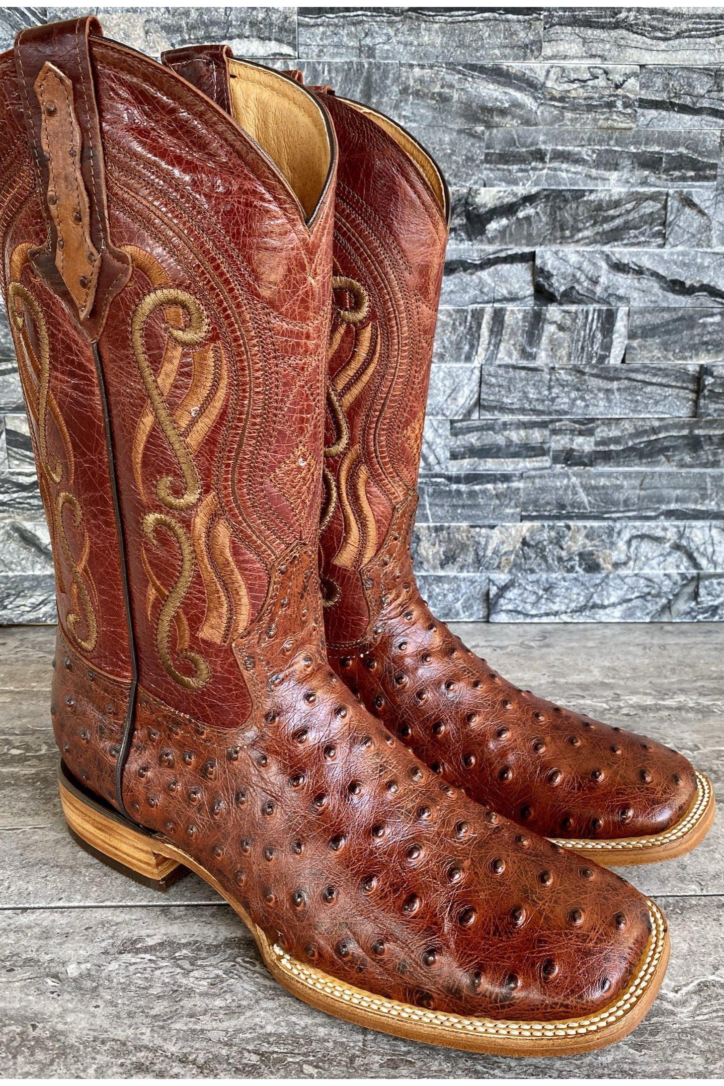 Cactus Exotic Men’s Red Ostrich Boots Square Toe