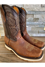 Load image into Gallery viewer, Cactus Country Men’s Brown and Dark Brown Square Toe Work Boots
