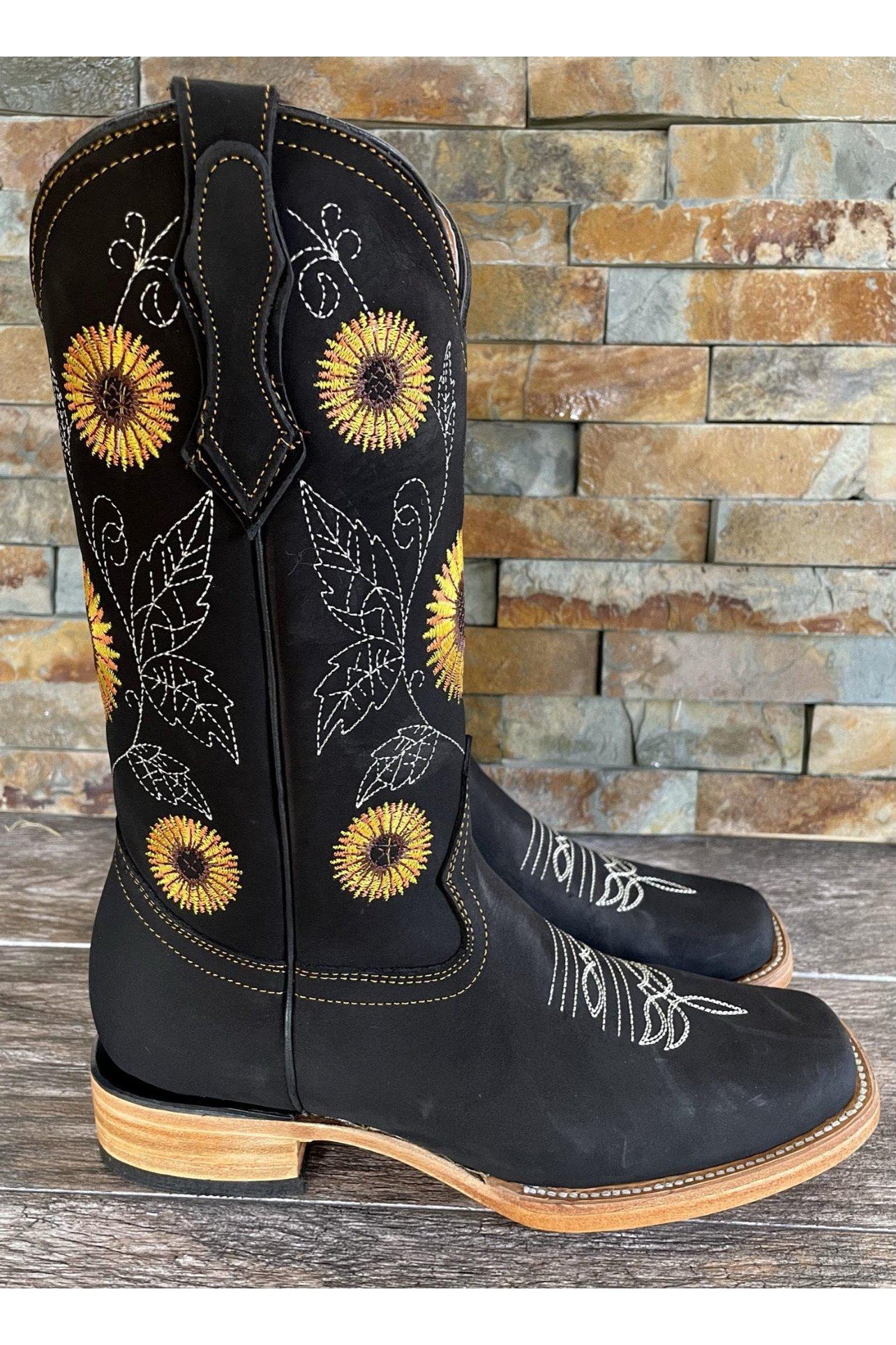 Cactus Country Women Black Sunflower Square Toe Cowgirl Boots