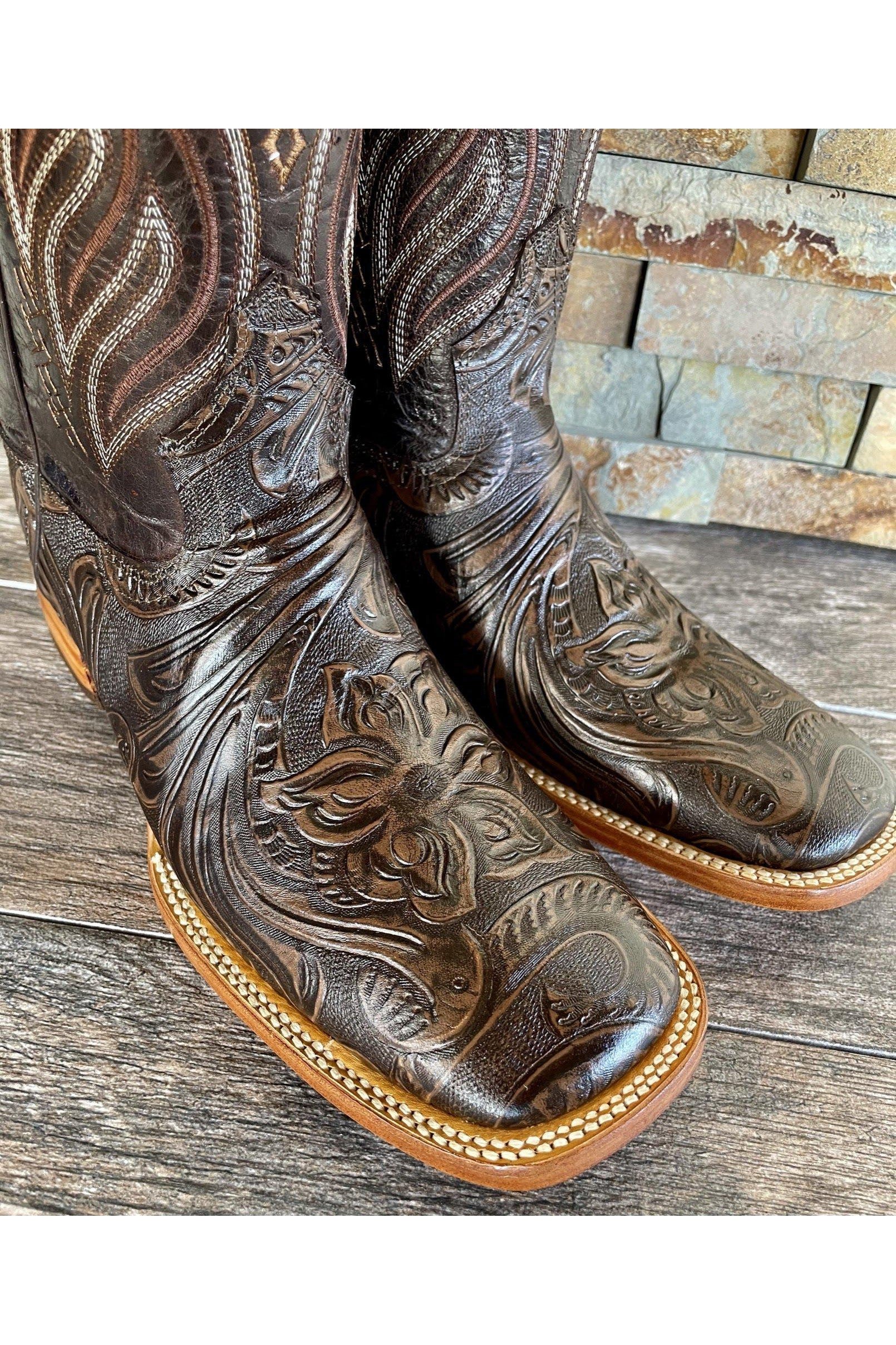 Cactus Men’s Hand Tooled Dark Brown Cuero Boots
