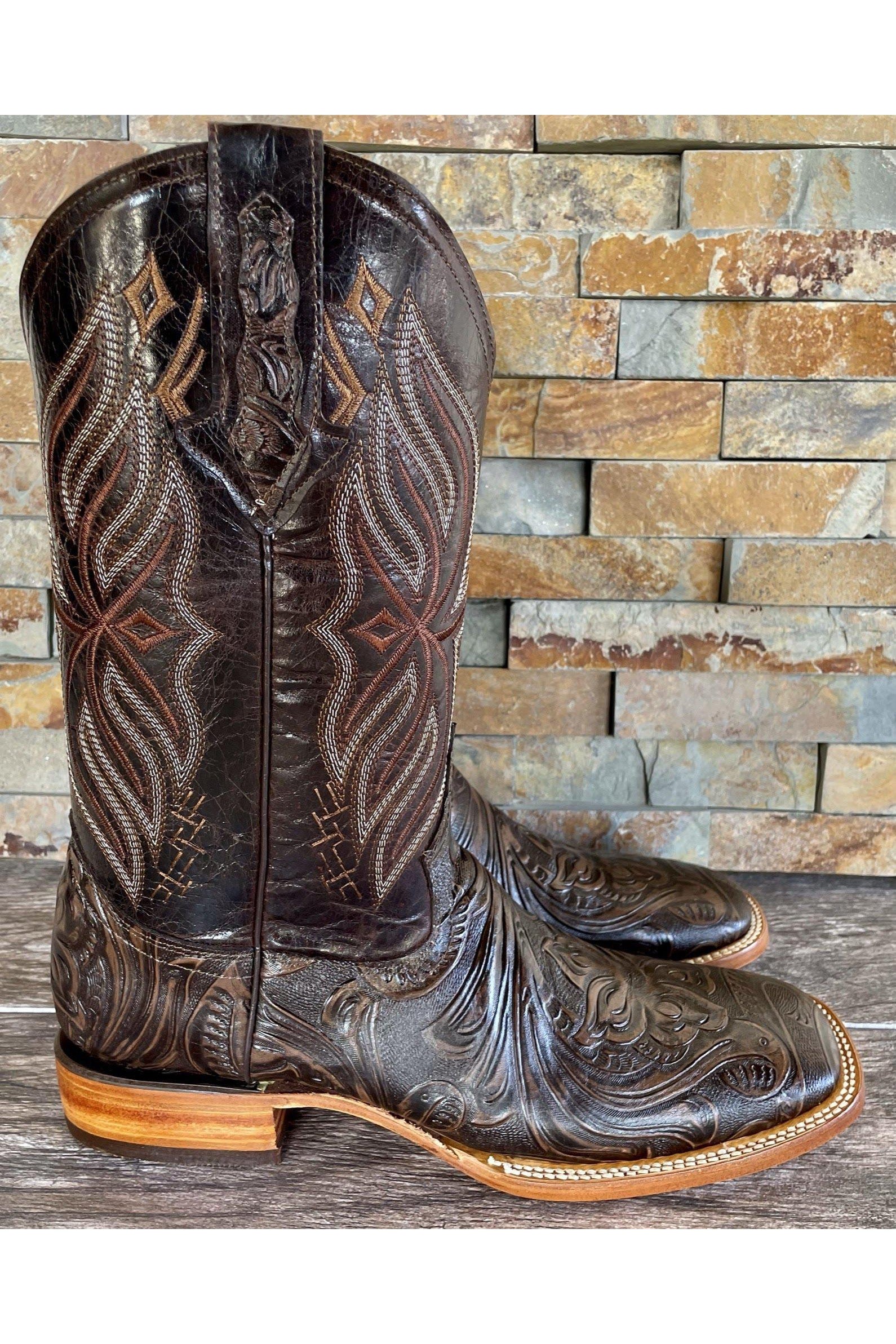Cactus Men’s Hand Tooled Dark Brown Cuero Boots